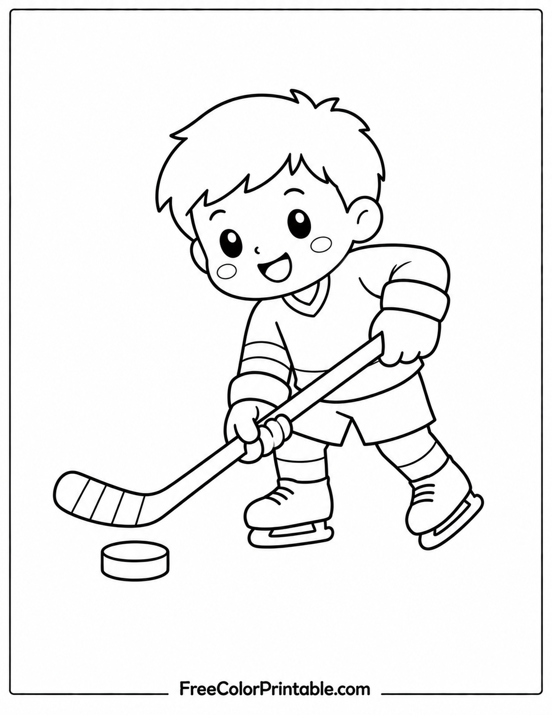 Cheerful boy with hockey stick Coloring Page — Free Printable — free printable coloring page